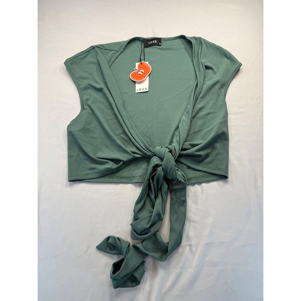 Cider Womens Ribbed Knit Tie Front Crop Top 1XL Green V-Neck Short Sleeve NWT